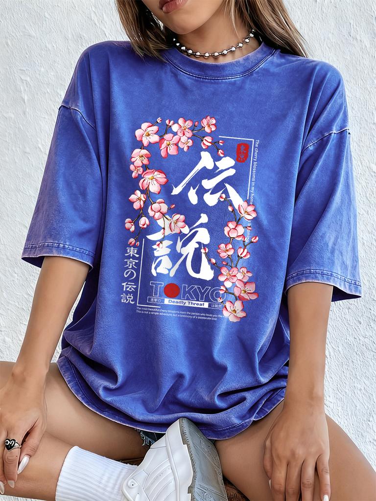 Tokyo Legend Cherry Branch Prints Washed TShirts Womens Cotton Oversized Tops ONeck Short Sleeve T Shirt Summer Women Clothes
