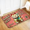 Lucky Maneki Neko Flannel Doormat, Japanese Style Non-Slip Mat, Machine Washable Decor for Home Office Entrance