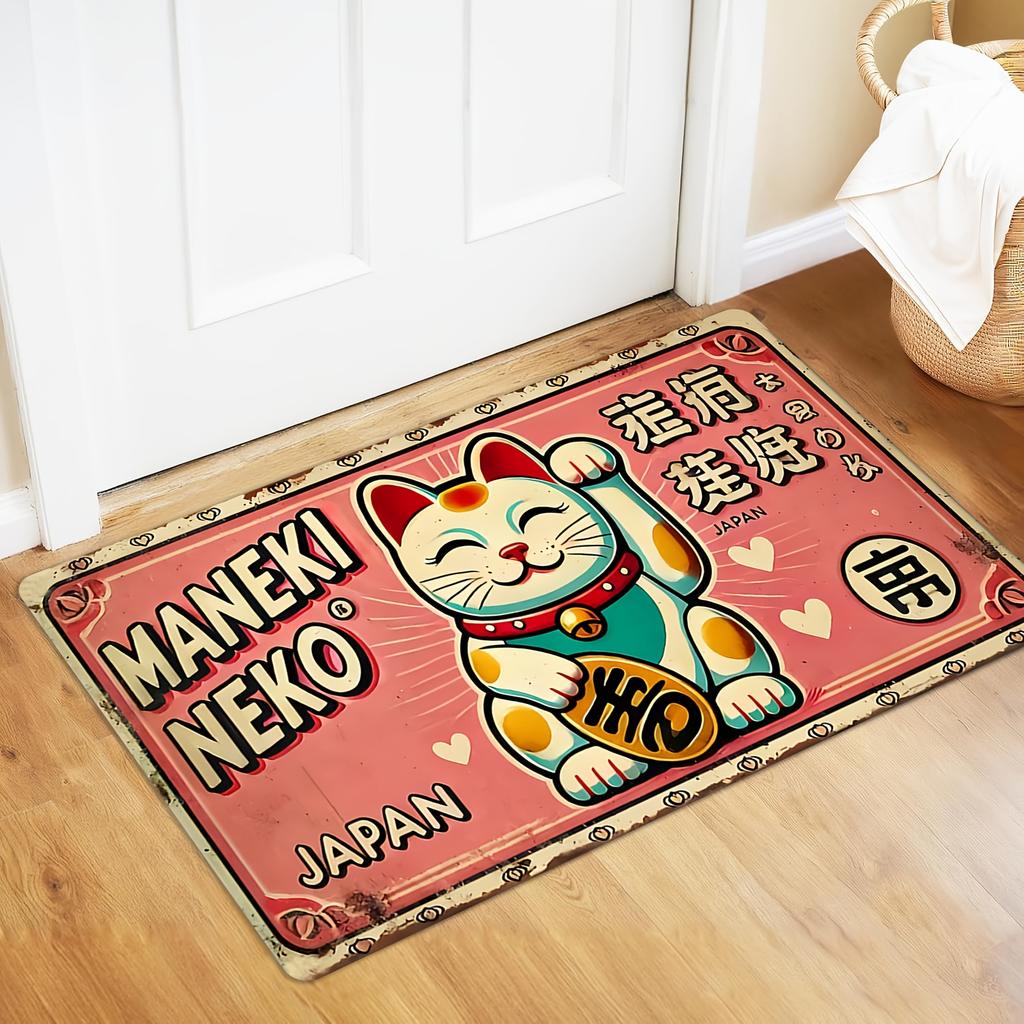 Lucky Maneki Neko Flannel Doormat, Japanese Style Non-Slip Mat, Machine Washable Decor for Home Office Entrance