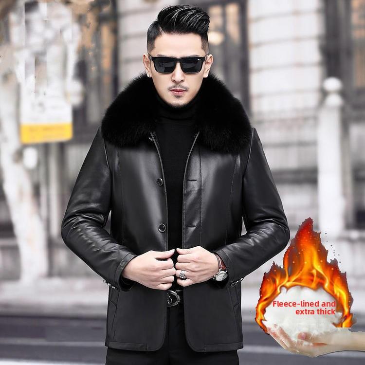 New Dad's Middle-aged Men's Leather Jacket Fleece Thickened Autumn and Winter Warm Jacket