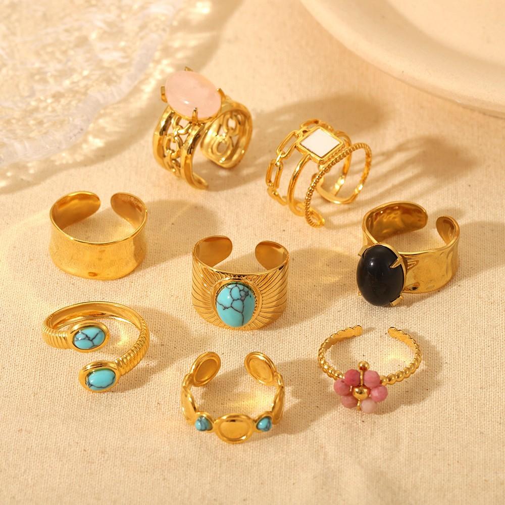 ins light luxury turquoise stainless steel open ring electroplated 18K gold natural stone flower jewelry women