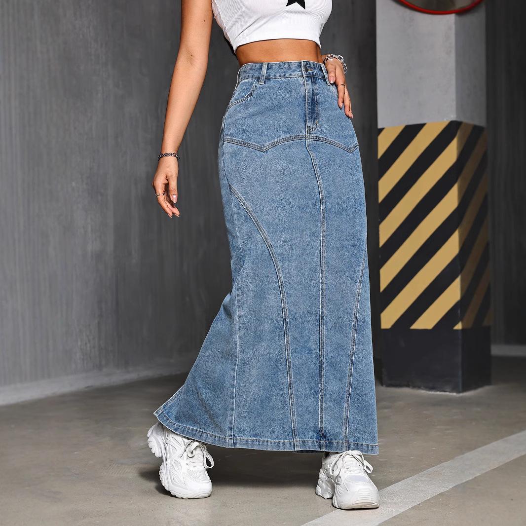 

Юбка джинсовая с завышенной талией и хвостом русалки в европейском и американском стиле для женщин - Коллекция Лето 2025 M светло-синий