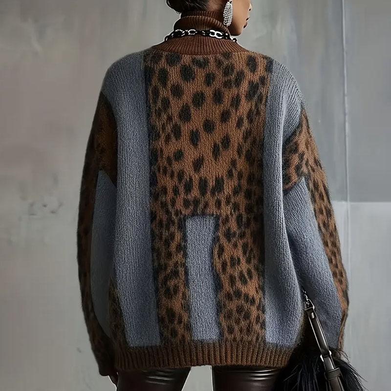 Sexy Patchwork Leopard Print Woman Sweater Autumn Turtleneck Loose Knitwear Top Pullover Winter Long Sleeve Warm Sweaters Jumper