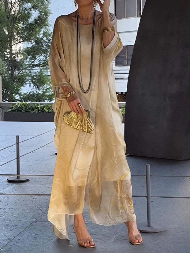 

2024 Summer Elegant Chiffon Dress with Marble Print S жёлтый