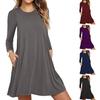 Herbst Frühling Kleid Rundhals A-Linie Taschen Locker Großer Saum Lange Ärmel Minikleid Reine Farbe Casual Dating Shopping Kurzes Kleid