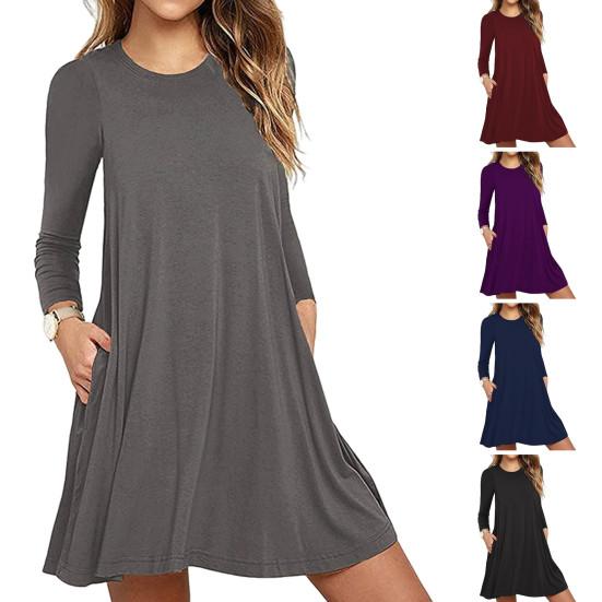 Herbst Frühling Kleid Rundhals A-Linie Taschen Locker Großer Saum Lange Ärmel Minikleid Reine Farbe Casual Dating Shopping Kurzes Kleid