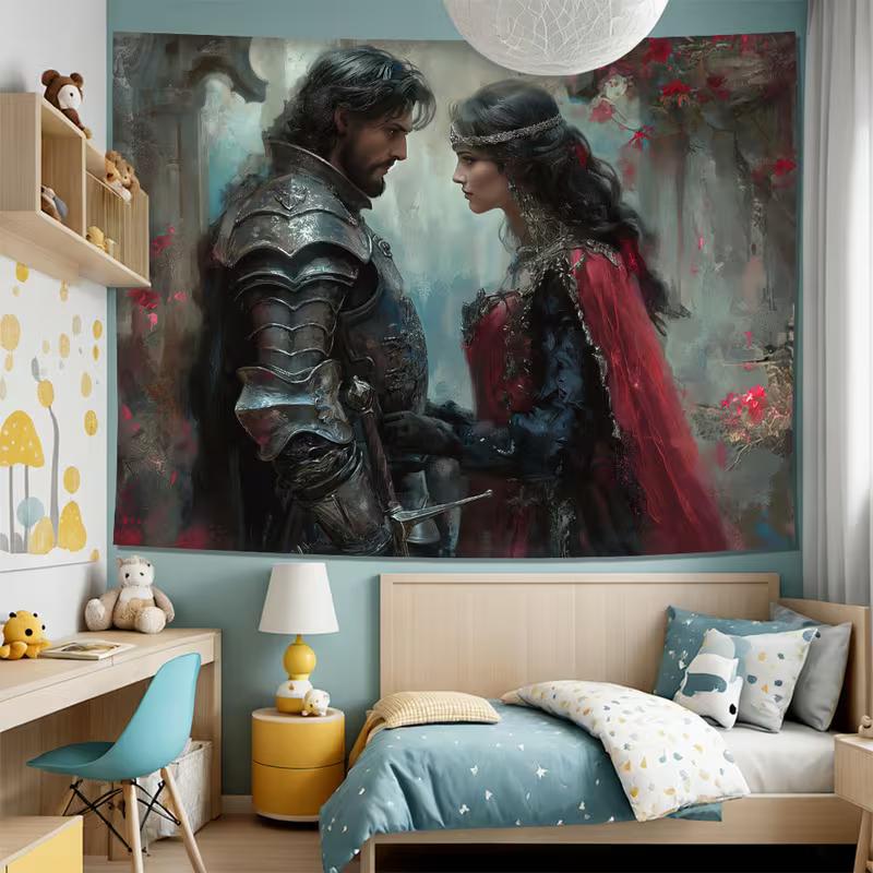 2D Dark Fantasy Knight and Lady Love Tapestry Medieval Gothic Art Wall Decor Cloth for Home & Bedroom