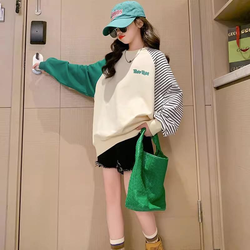 Girls Spring Autumn Mid Long Hooded Sweatshirt Casual Top