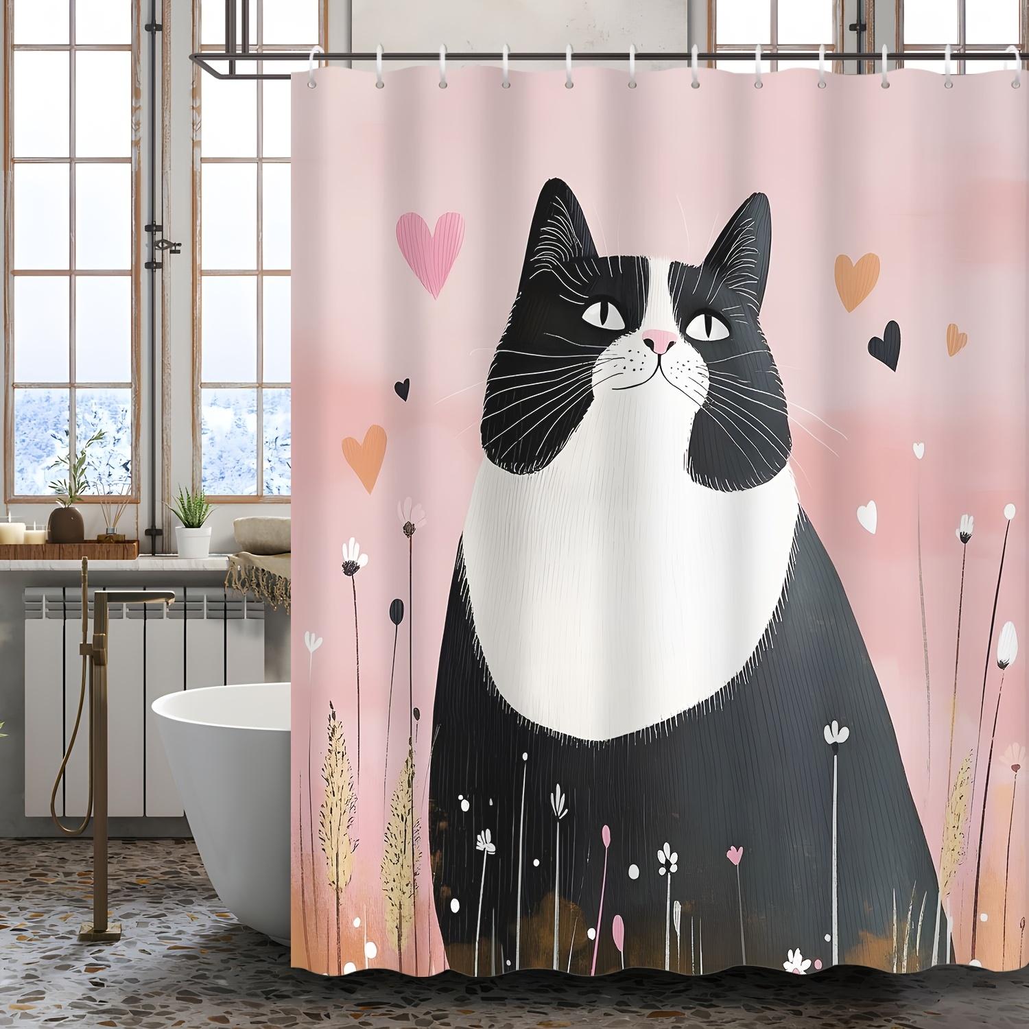 Whimsical Cat Shower Curtain: Adorable Feline with Hearts for a Playful Bathroom Decor W90XH180cm