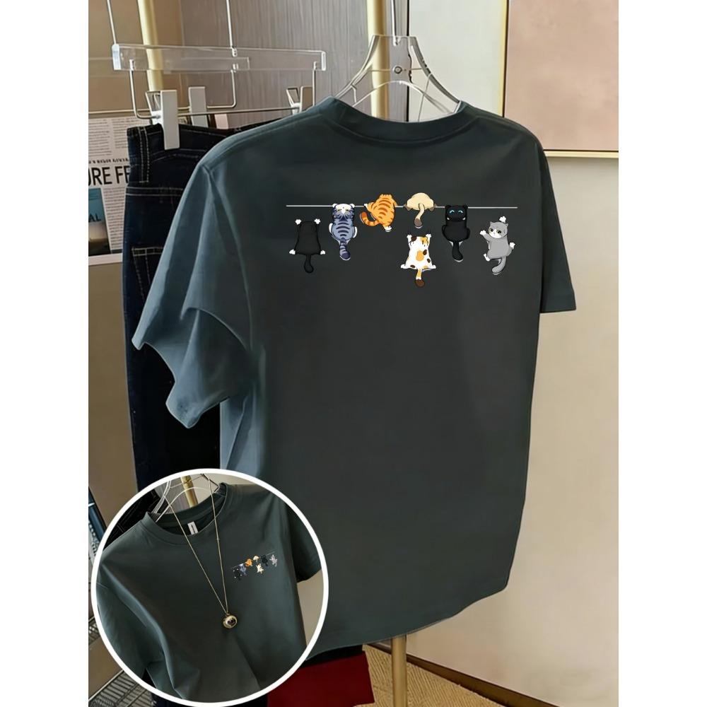 Cartoons Cats Prints T-Shirts Summer Womens Cotton T Shirts Basic O-Neck Oversized Short Sleeve Tops Casual Street Woman Clothes
