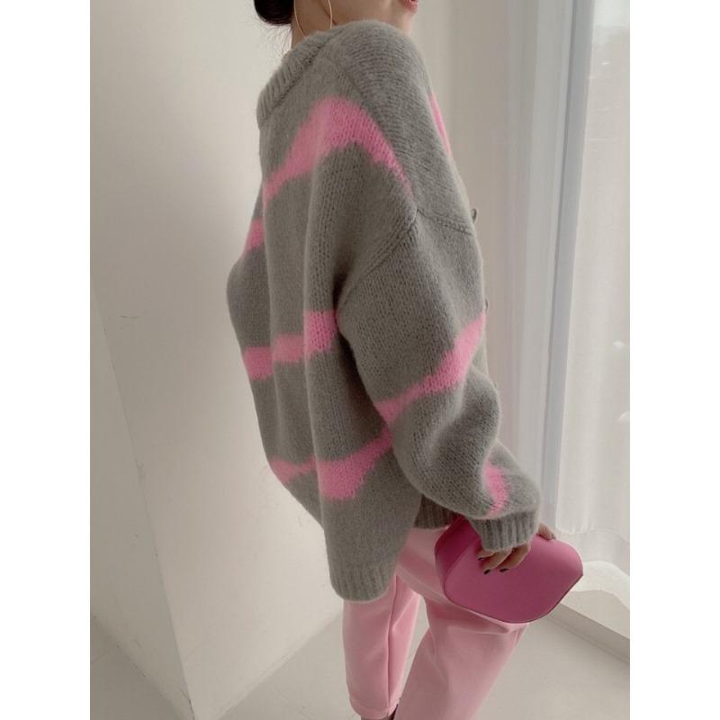 V-neck Fashion Knitted Striped Cardigan Sweater Autumn Women Office Loose Jackets Winter Elegant Casual Long Sleeve Coats Knitwear Top Clothing