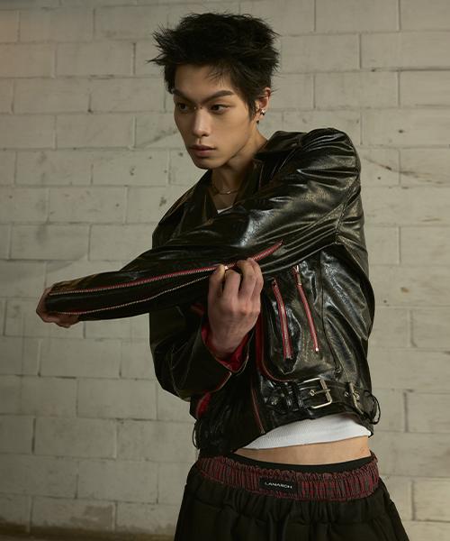 Lanarchive [0120] Glossy Leather Rider Jacket - Black
