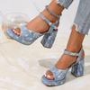 Europäisch-Amerikanische Sexy Pailletten Sandalen für Damen, Peep Toe Blockabsatz Sandalen mit Knöchelriemen, Plateau Denim High Heel Schuhe
