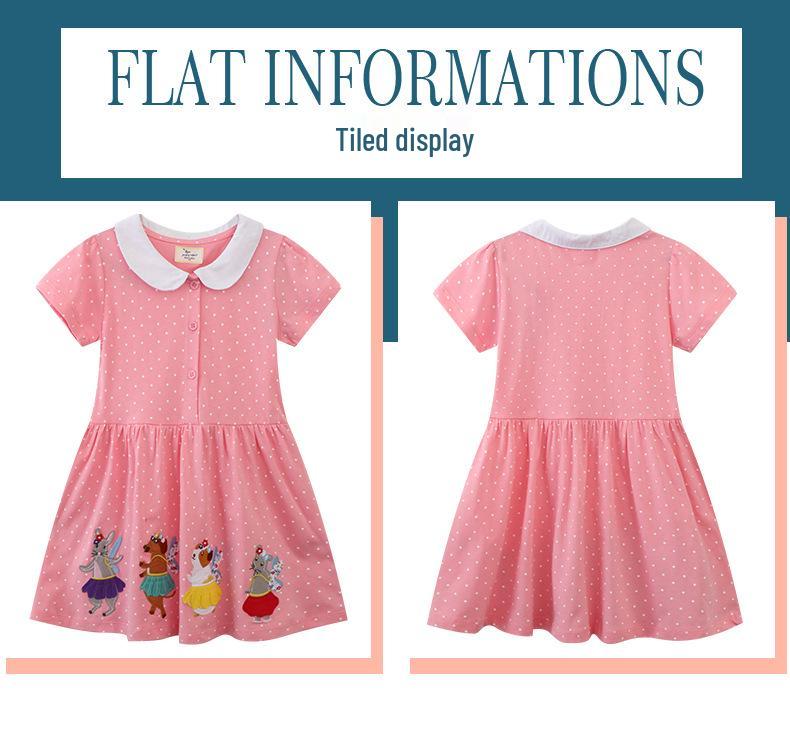 Classic Lotus Leaf Collar Girls' Spring/Summer Dress: Short Sleeve Jumpsuit with Stylish Animal Embroidery.