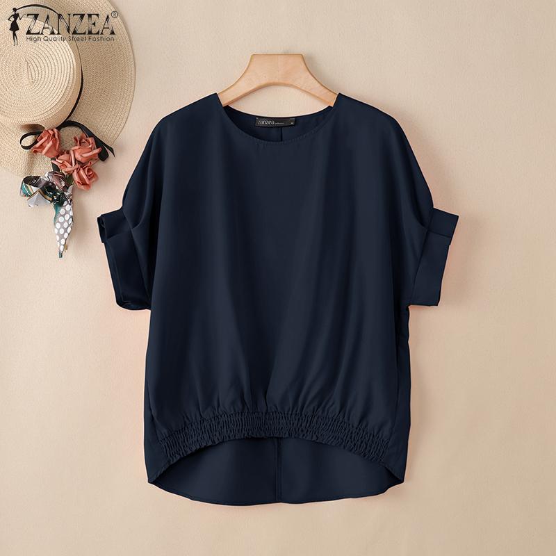 ZANZEA Damska letnia bluzka z okrągłym dekoltem, luźna, codzienna, z krótkim rękawem