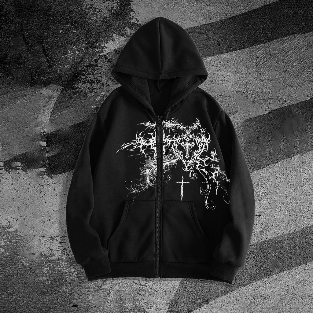 Unisex tištěná, teplá, se zipem, volná mikina-bunda z tlustého fleecu „Dark Street“