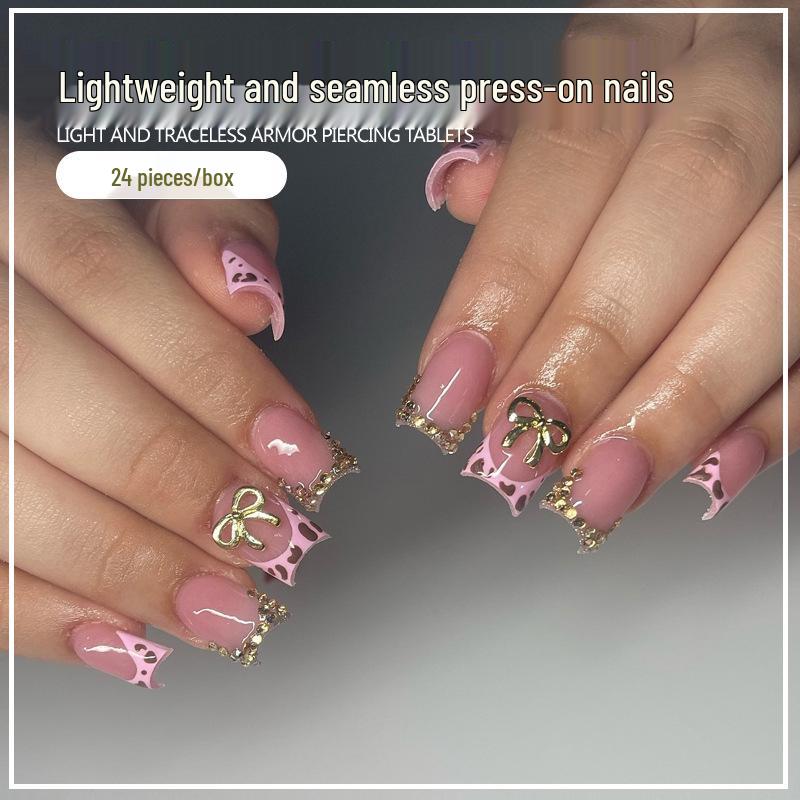 

SHEIN Leopard Print Bow French Manicure Stickers - Wearable False Nails Glue Version