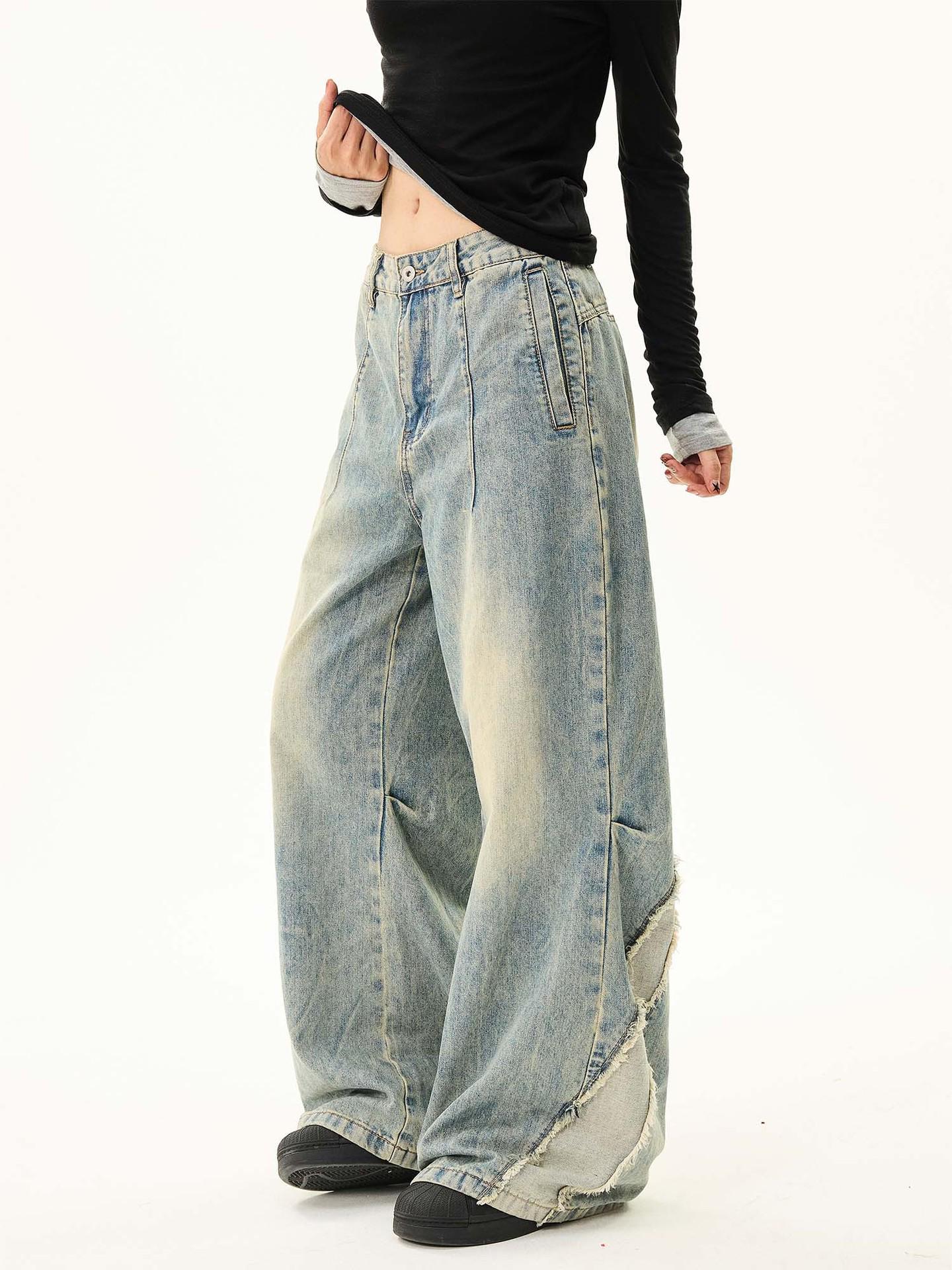 

Унисекс Ретро Джинсы Пэчворк Широкие Штанины - Осенне-Зимние Повседневные Вареные Medium