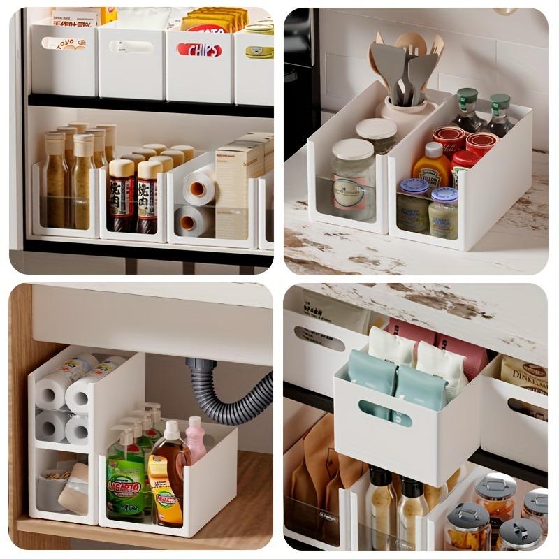 4 Pack White Storage Box with Handle Clear Panel Durable Waterproof Stacking for Organizing Kitchen Cabinets and Drawer Dividers