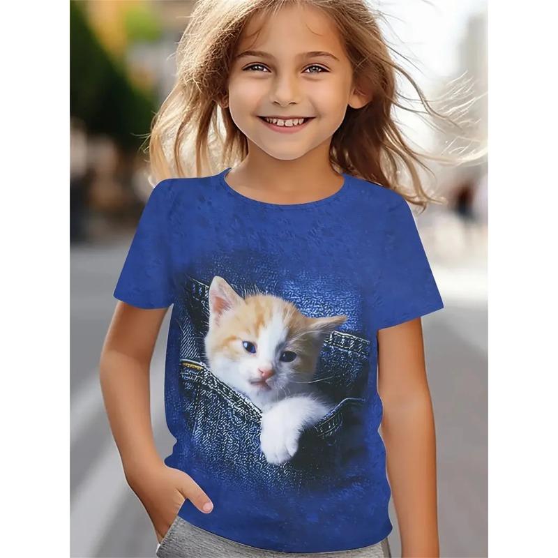 Vtipná dívčí trička Letní top s krátkým rukávem Kreslená zvířata Kočka 3D potisk Dívčí oblečení Ležérní trička