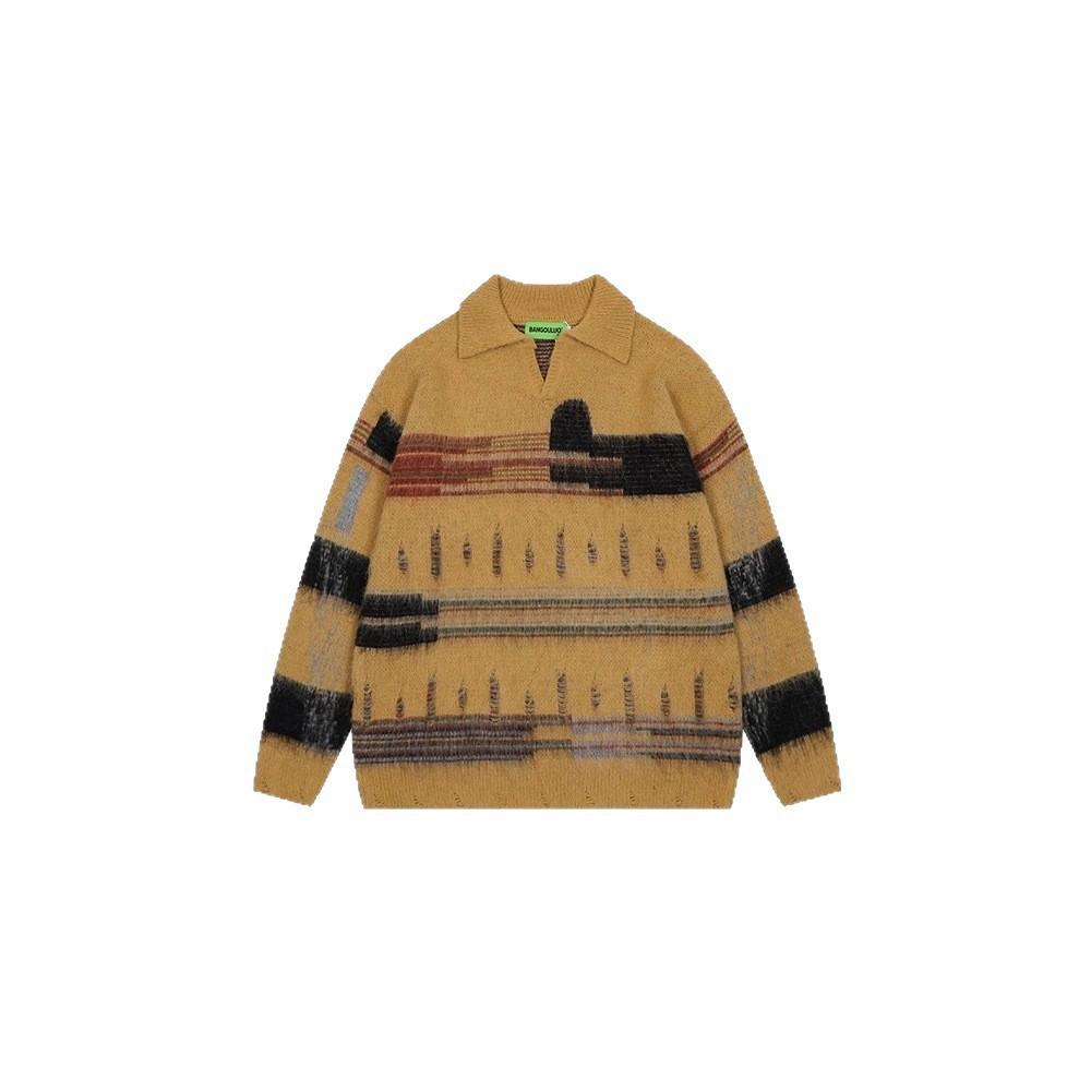 Unisex Retro Color Block Strickpullover: Herbstlich Chic, Lockere Passform, Lässiger Pullover mit Umlegekragen.