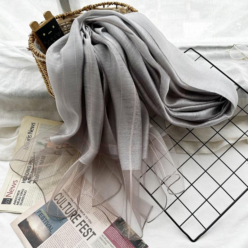 New Checkered Silk Scarf for Women, Solid Color Sunscreen Shawl Gold Thread Mulberry Silk Scarf for Women