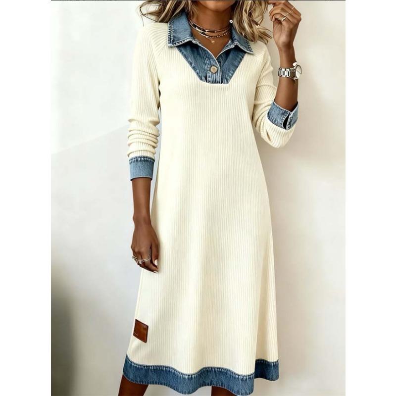 Women s Denim Patchwork Ribbed Knit Long Sleeve Midi Dress Casual A Line Dress S белый