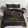 3pcs Black Golden Bedding Set Love Forever Printed Cozy Duvet Cover King Queen Twin Size Birthday Gift for Adult Bedroom Decor
