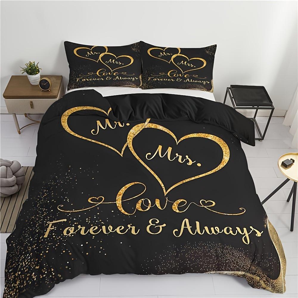 3pcs Black Golden Bedding Set Love Forever Printed Cozy Duvet Cover King Queen Twin Size Birthday Gift for Adult Bedroom Decor