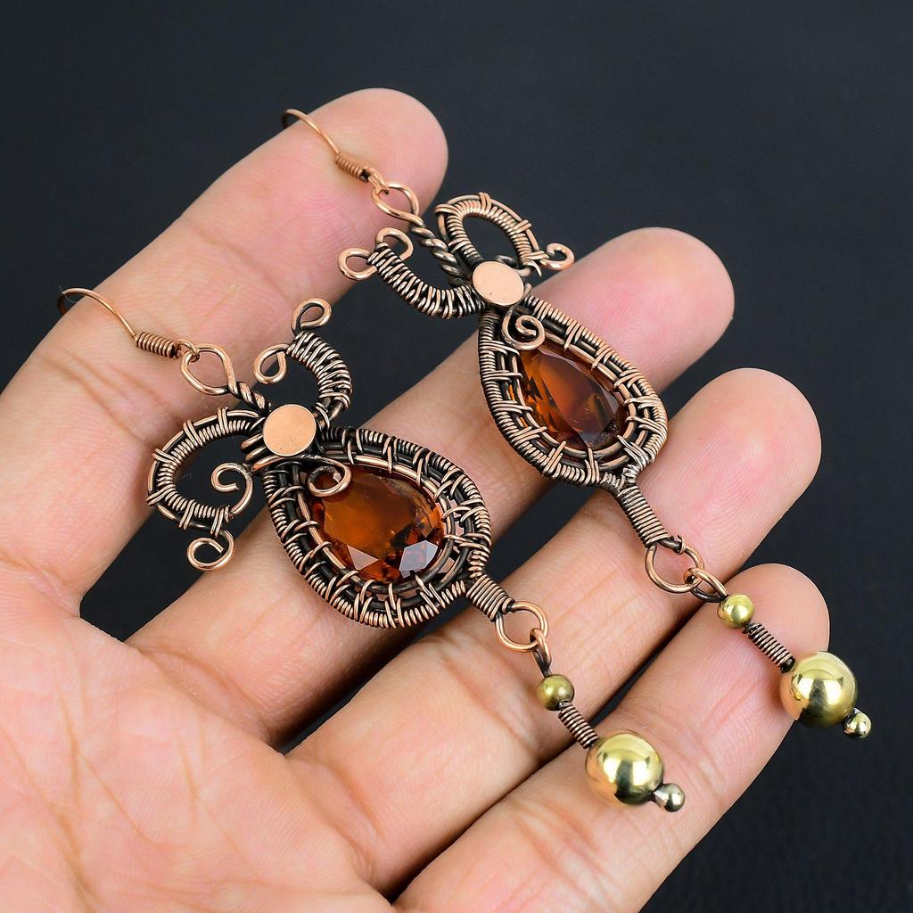 Honey Topaz Jewelry, 999 Copper Wire Wrapped Earrings, Handmade Gemstone Jewelry Earrings For Memorial Day