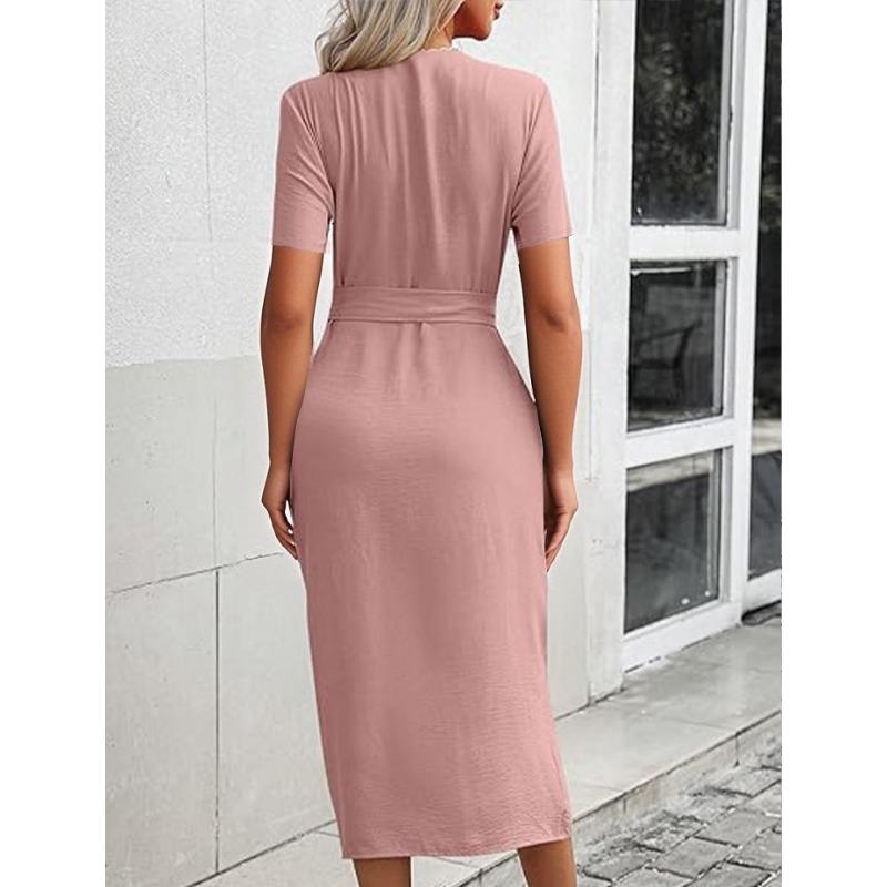 JKASHDK Damenmode Sommer Frühling Einfarbiger Druck Kurzarm V-Ausschnitt Hohe Taille Freizeitkleider