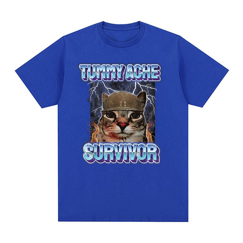 Vintage Tummy Ache Survivor Funny Cat Meme Tee Shirt Men Women Clothing Fashion Short Sleeve T-shirt Casual Pure Cotton T Shirts