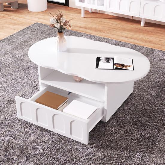 Coffee Table with Drawer Storage Compartments 2-Tiers Rounded Corner Smooth Surface Easy Assembly Cloud Shaped Coffee Table Home
