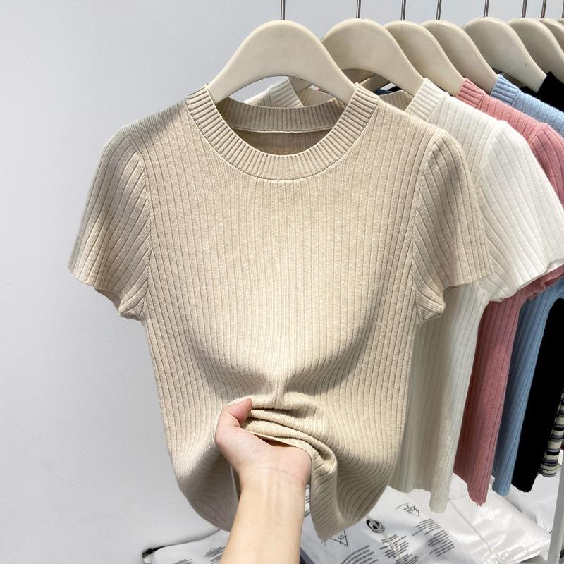 Gentle wind pit strip round neck with knitted short-sleeved women's summer soft waxy and thin solid color temperament bottoming top