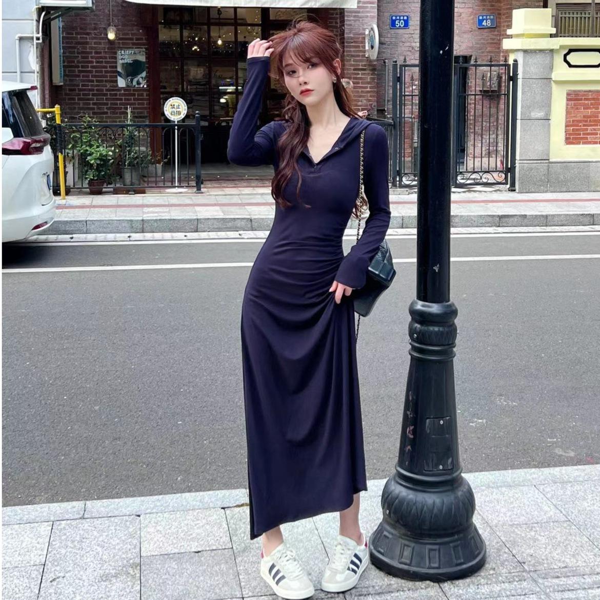 

French navy blue hooded dress women s autumn new large size fat MM slim and thin hip T-shirt long dress XL темно-синього кольору