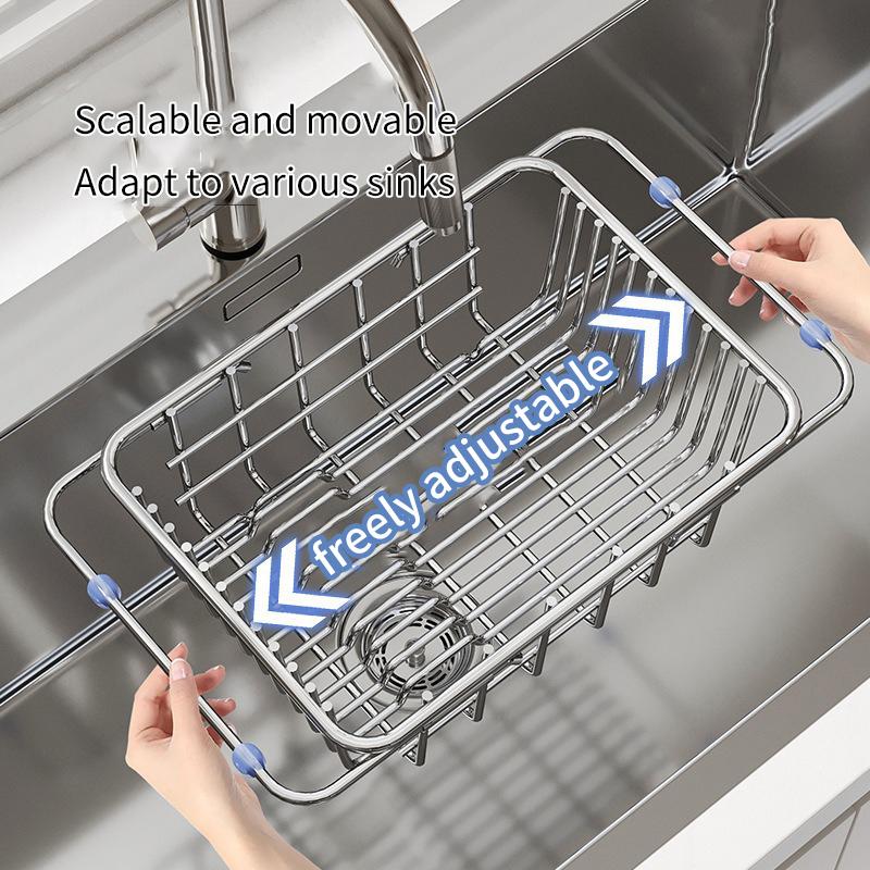 1 Adjustable Stainless Steel Sink Organizer with Anti Slip Drain Basket Space Saving for Kitchen Countertop Storage