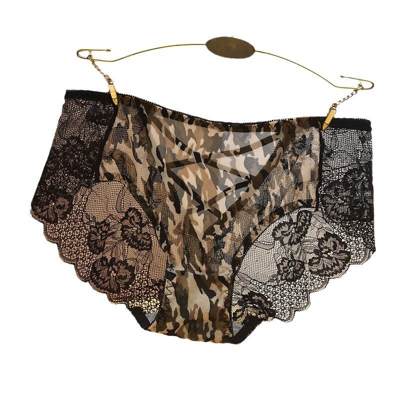 Intimo Donna Senza Cuciture Stampa Leopardo Pizzo Traforato Trasparente Seta di Ghiaccio Triangolo Intimo Vita Bassa