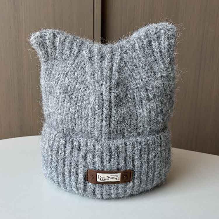 Hat Female Cute Hat Ears Knitted Wool Hat Winter Warm Student Pullover Hat M（56-58cm）