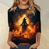 Women's Three Quarter Sleeve Round Neck Halloween Print Blouse Top