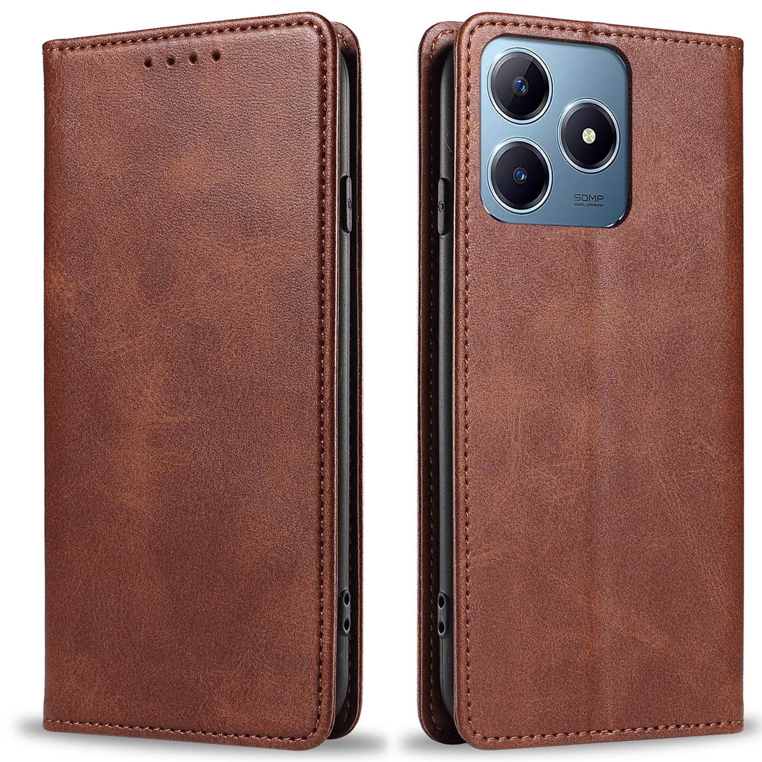 

For Realme Note 60x 4G/C63 4G/C61 4G Case Leather Calf Texture Phone Cover Stand Magnetic Closure Brown