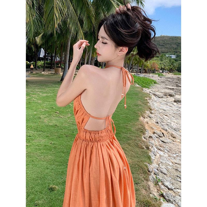 French Vacation Neck Strap Halter Dress Long Dress To Ankle Long Beach Dress Long Dress Elegant
