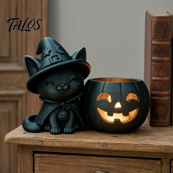 Ghost Face Tealight Cup Halloween Black Cat Pumpkin Candlestick, 3D Printed Witch Candle Holder with Cup, Spooky Tabletop Decor for Party Creative