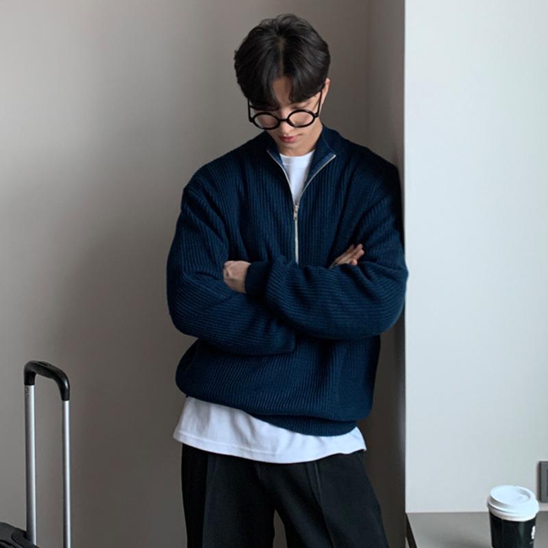 

Мужской кардиган в корейском стиле с застежкой-молнией на половину длины: Осенний тренд: красивый и универсальный вязаный свитер с воротником-стойкой. XXL темно-синий