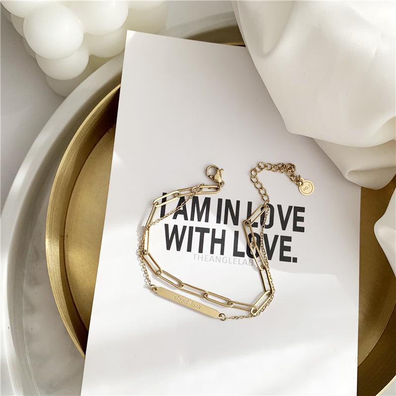 Square Pendant Double Layer Bracelet - 18K Gold Plated Titanium Steel, Fashionable European & American Good Luck Chain for New Year.