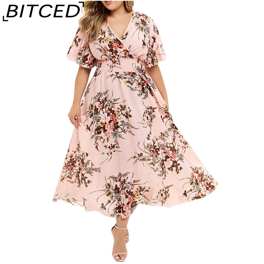 BITCED Plus Size Fashion Women Casual Floral Print V Neck Short Dress