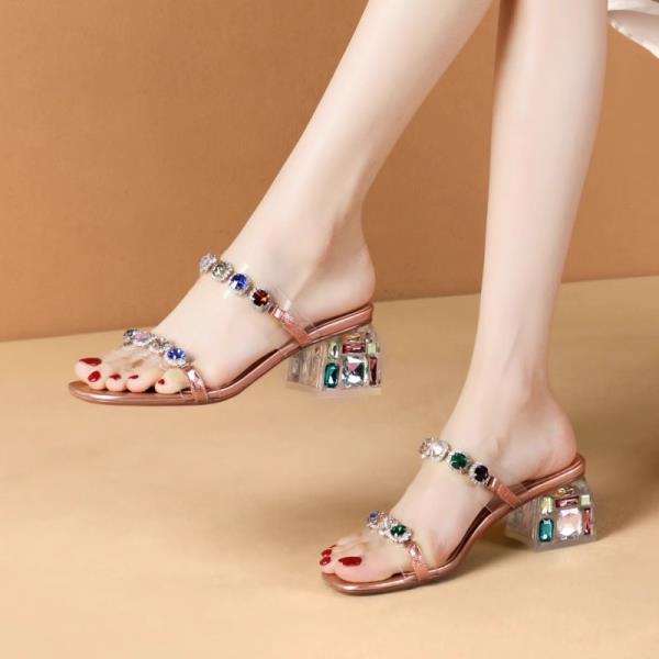 Fashion Shoes Women Female Slippers Glitter Slides Square Heel Fashion Soft 2025 Genuine Leather Jelly Block Luxury Summer Crystal