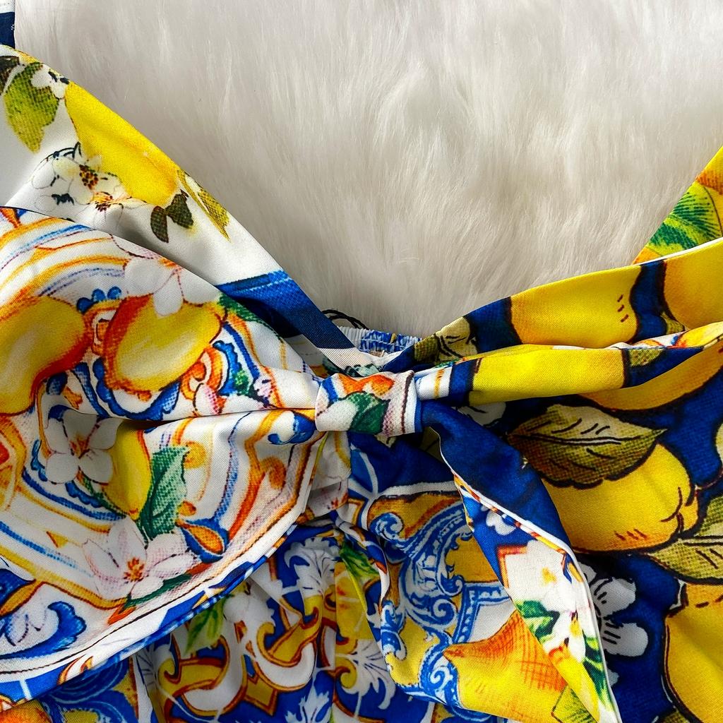 Summer Women Fruit Print Runway Dresses Fashion Spaghetti Strap Bowtie Long Maxi Holiday Party Dresses