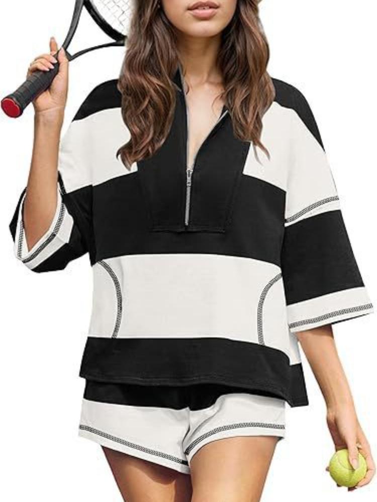 

Женский полосатый теннисный костюм - Розовая и зеленая рубашка-поло с подходящими шортами S чёрный