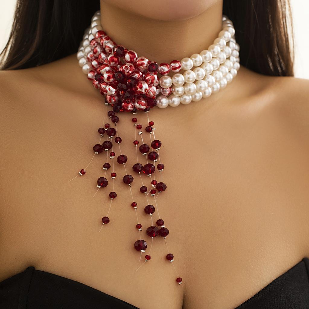 Gothic Pearl Necklace Choker Creative Halloween Blood Trickle Collarbone Necklace