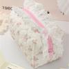 Ruffled Edge Bowknot Floral Print Makeup Bags Large Capacity Quilting Pen Bags Women Cosmetic Storage Bag Travel Wash Bag Clutch